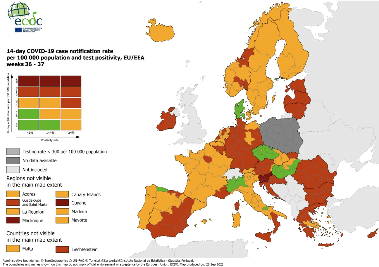 Combined indicator: 14-day notification rate, testing rate and test positivity, updated 23 September 2021