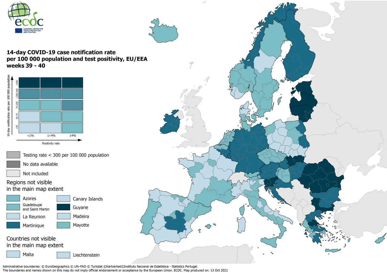 Combined indicator: 14-day notification rate, testing rate and test positivity, updated 14 October 2021 (colour-blind friendly)