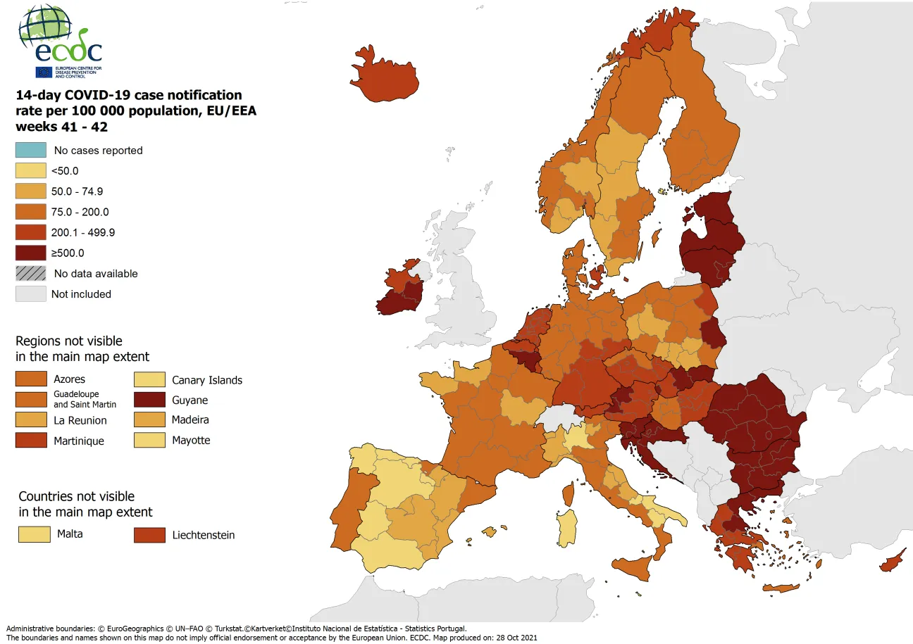 14-day case notification rate per 100 000 inhabitants, updated 28 October 2021