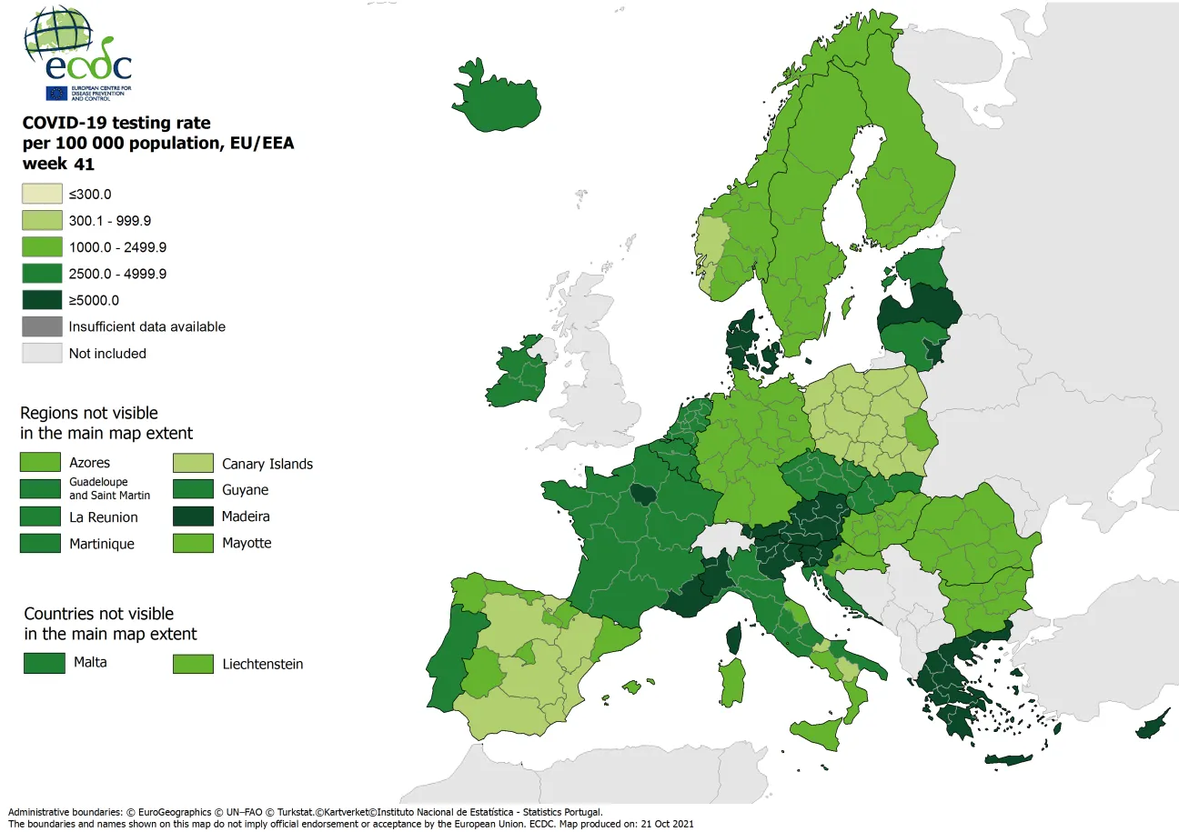 Testing rates per 100 000 inhabitants, updated 21 October 2021