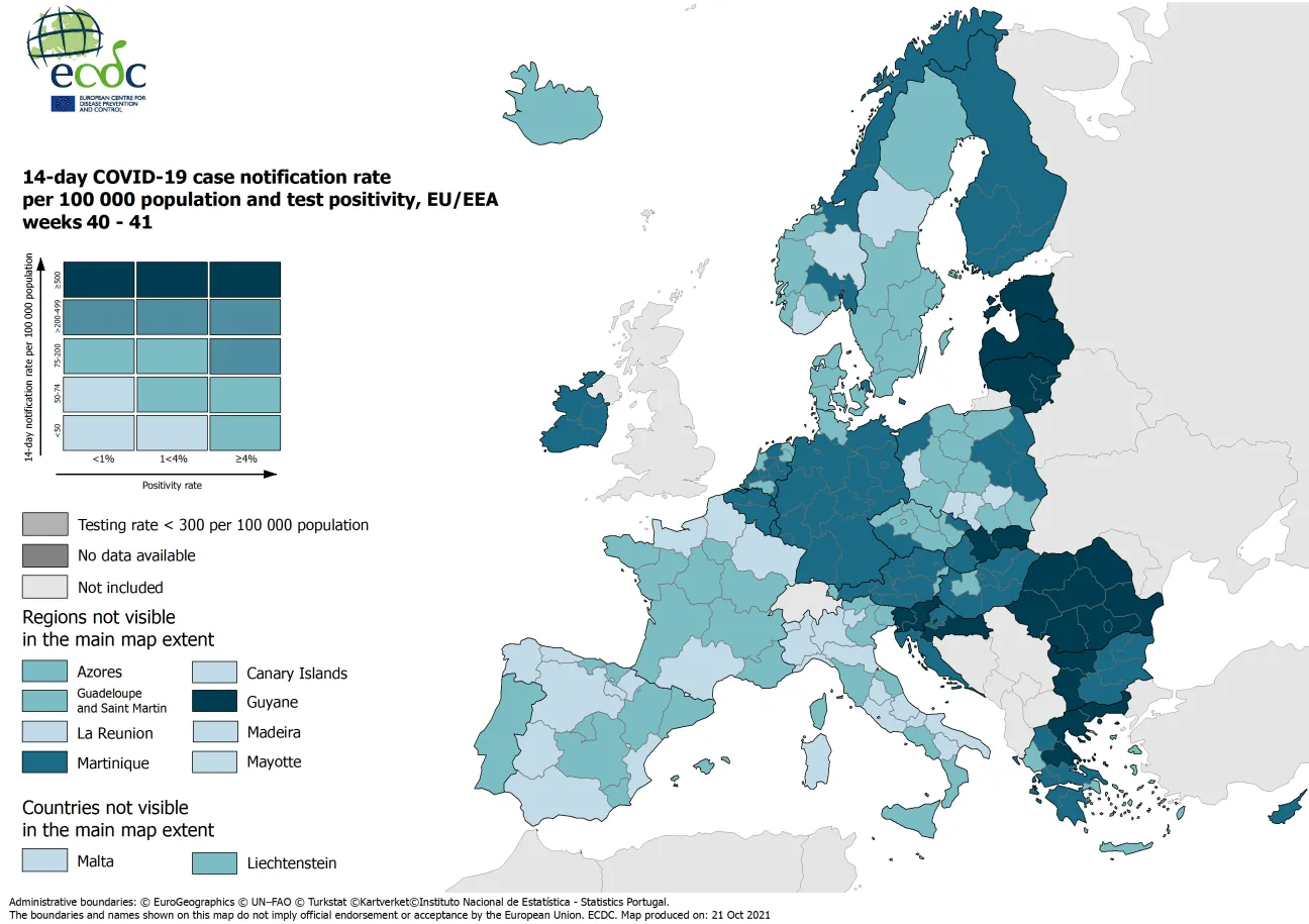 Combined indicator: 14-day notification rate, testing rate and test positivity, updated 21 October 2021 (colour-blind friendly)