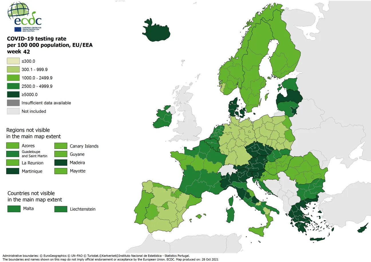 Testing rates per 100 000 inhabitants, updated 28 October 2021
