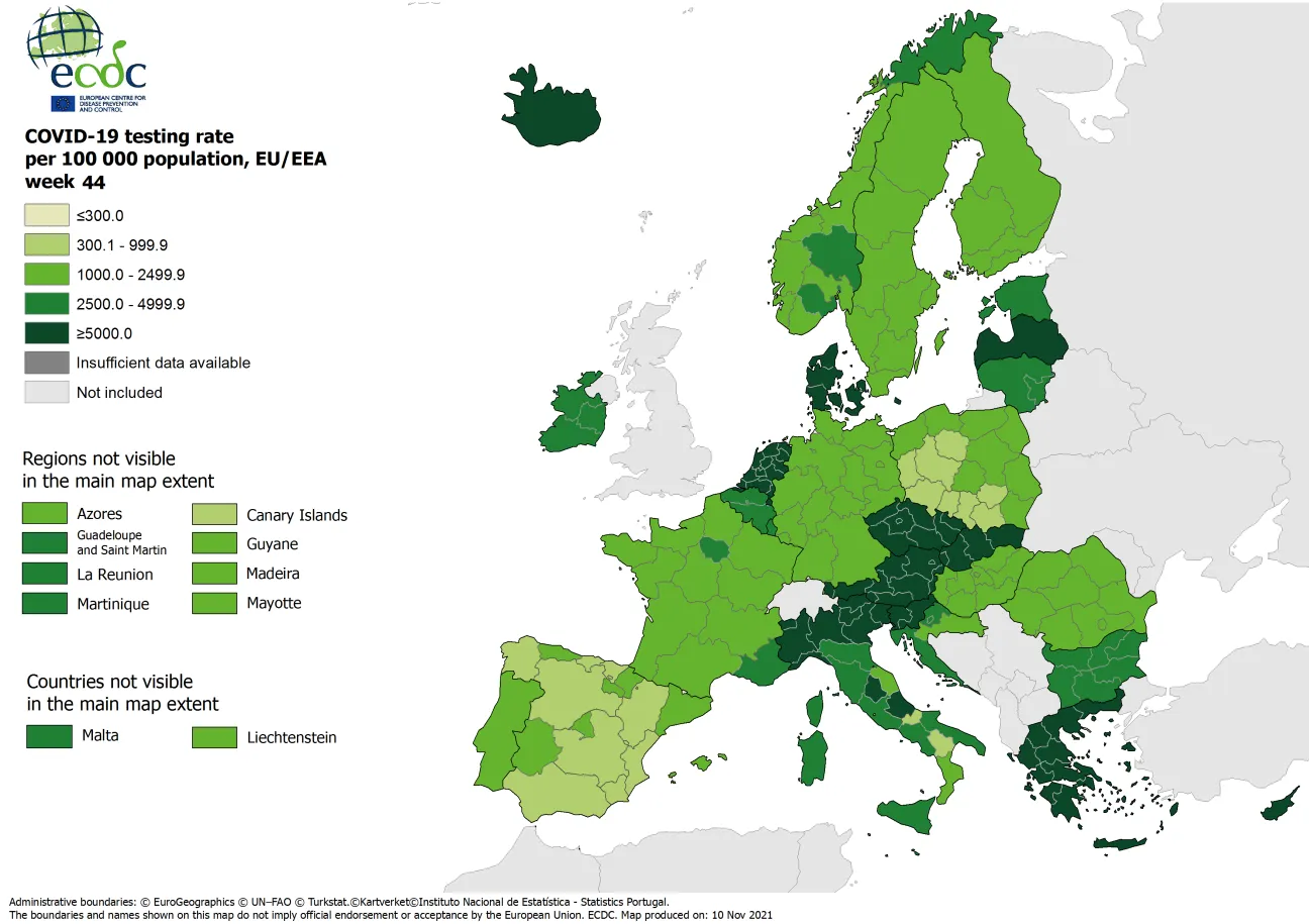 Testing rates per 100 000 inhabitants, updated 11 November 2021