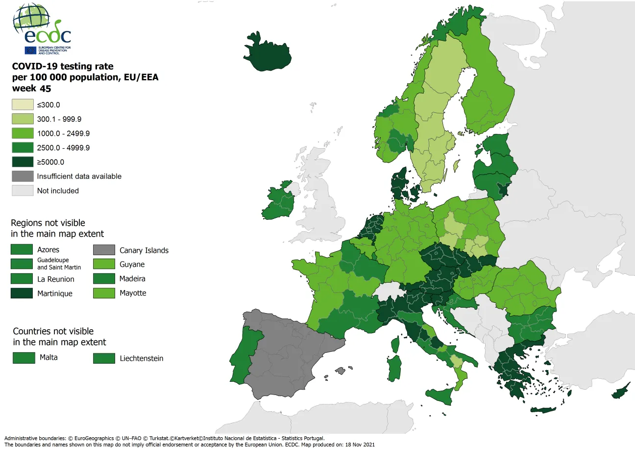 Testing rates per 100 000 inhabitants, updated 18 November 2021