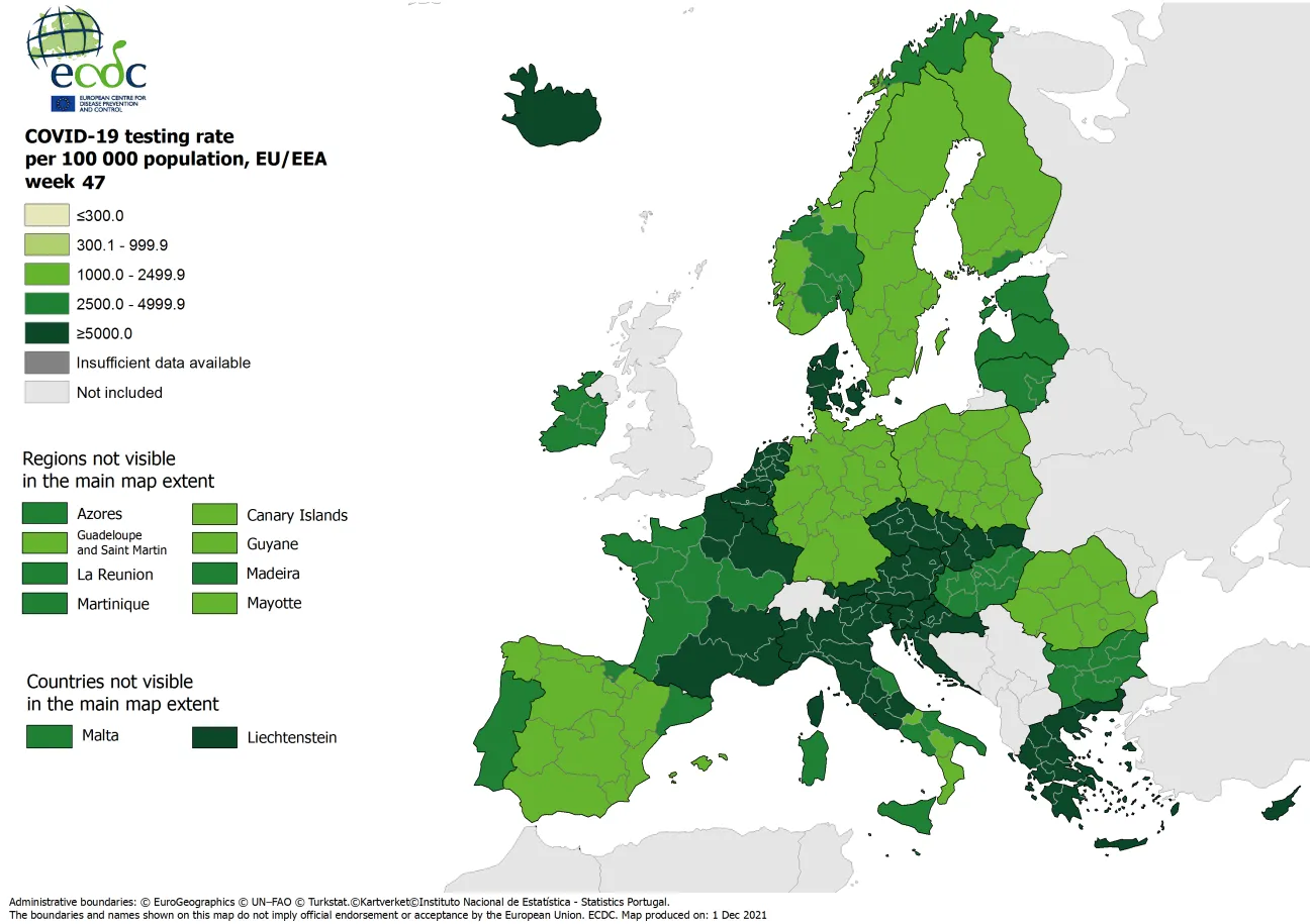 Testing rates per 100 000 inhabitants, updated 2 December 2021