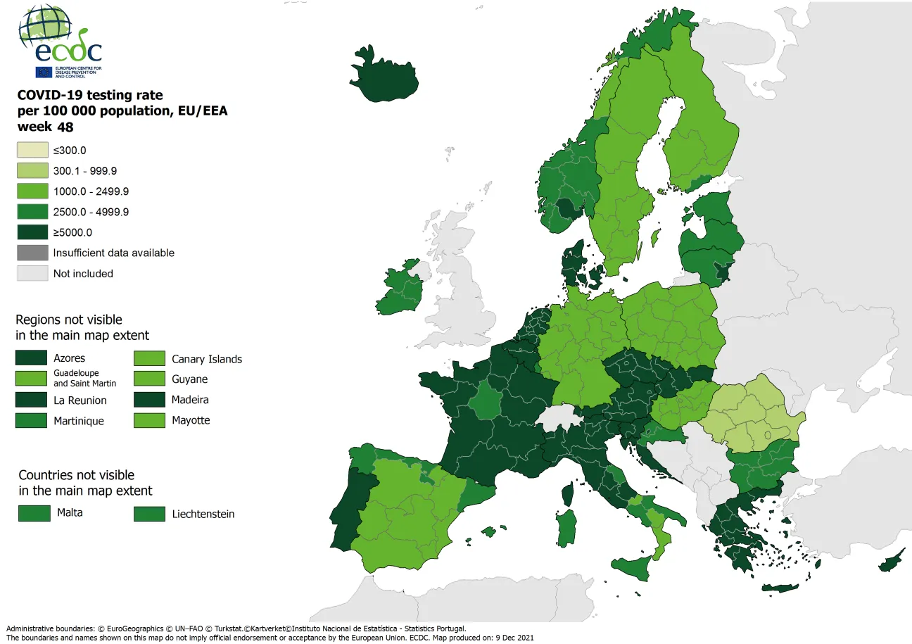 Testing rates per 100 000 inhabitants, updated 9 December 2021