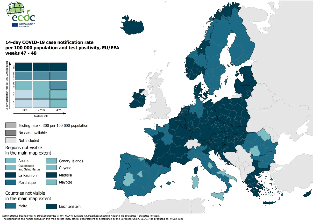 Combined indicator: 14-day notification rate, testing rate and test positivity, updated 9 December 2021 (colour-blind friendly)