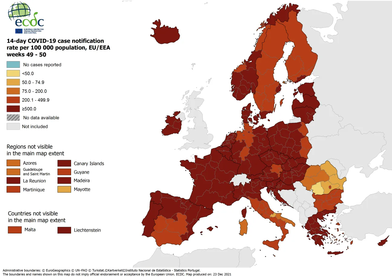 14-day case notification rate per 100 000 inhabitants, updated 23 December 2021