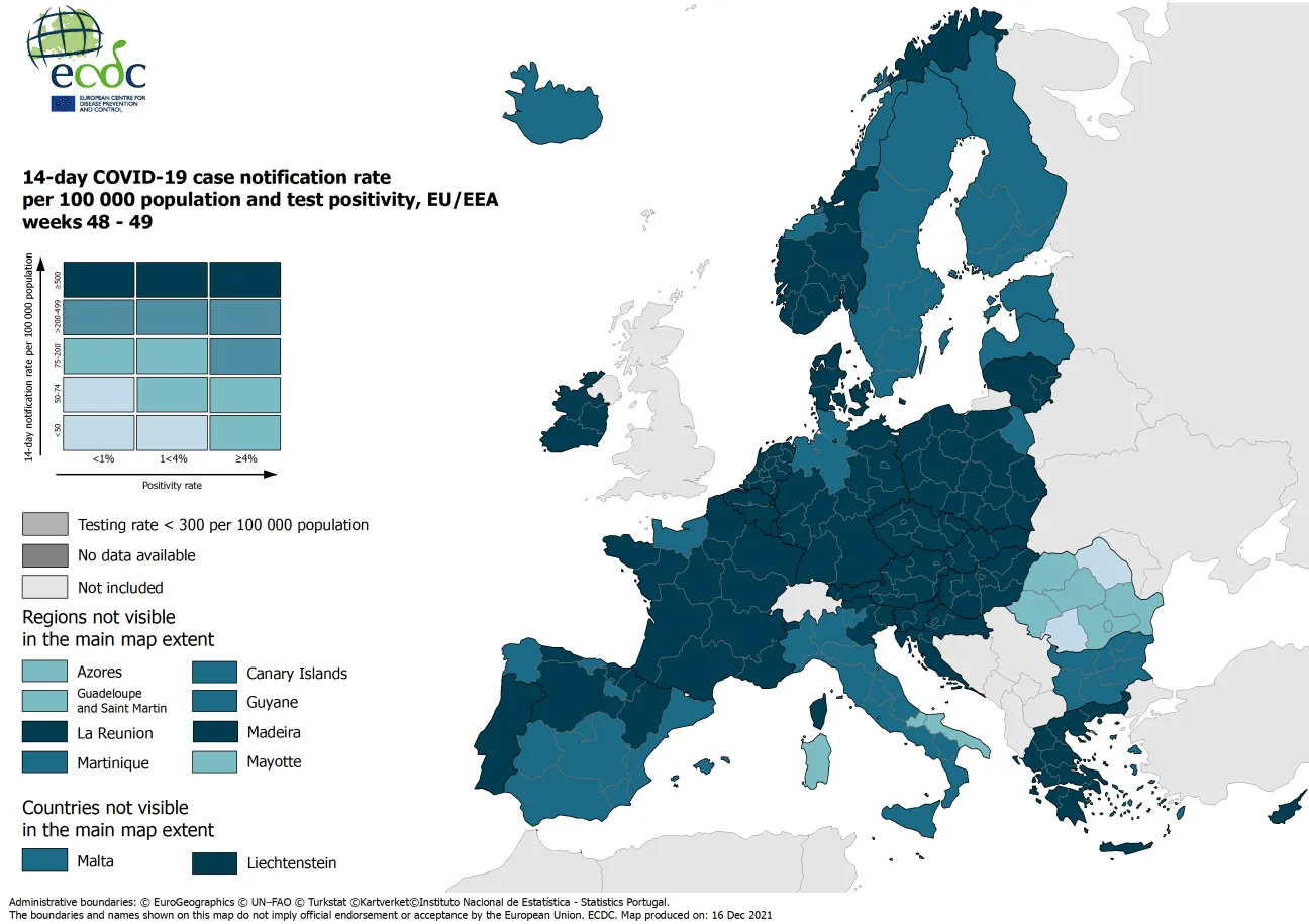 Combined indicator: 14-day notification rate, testing rate and test positivity, updated 16 December 2021 (colour-blind friendly)