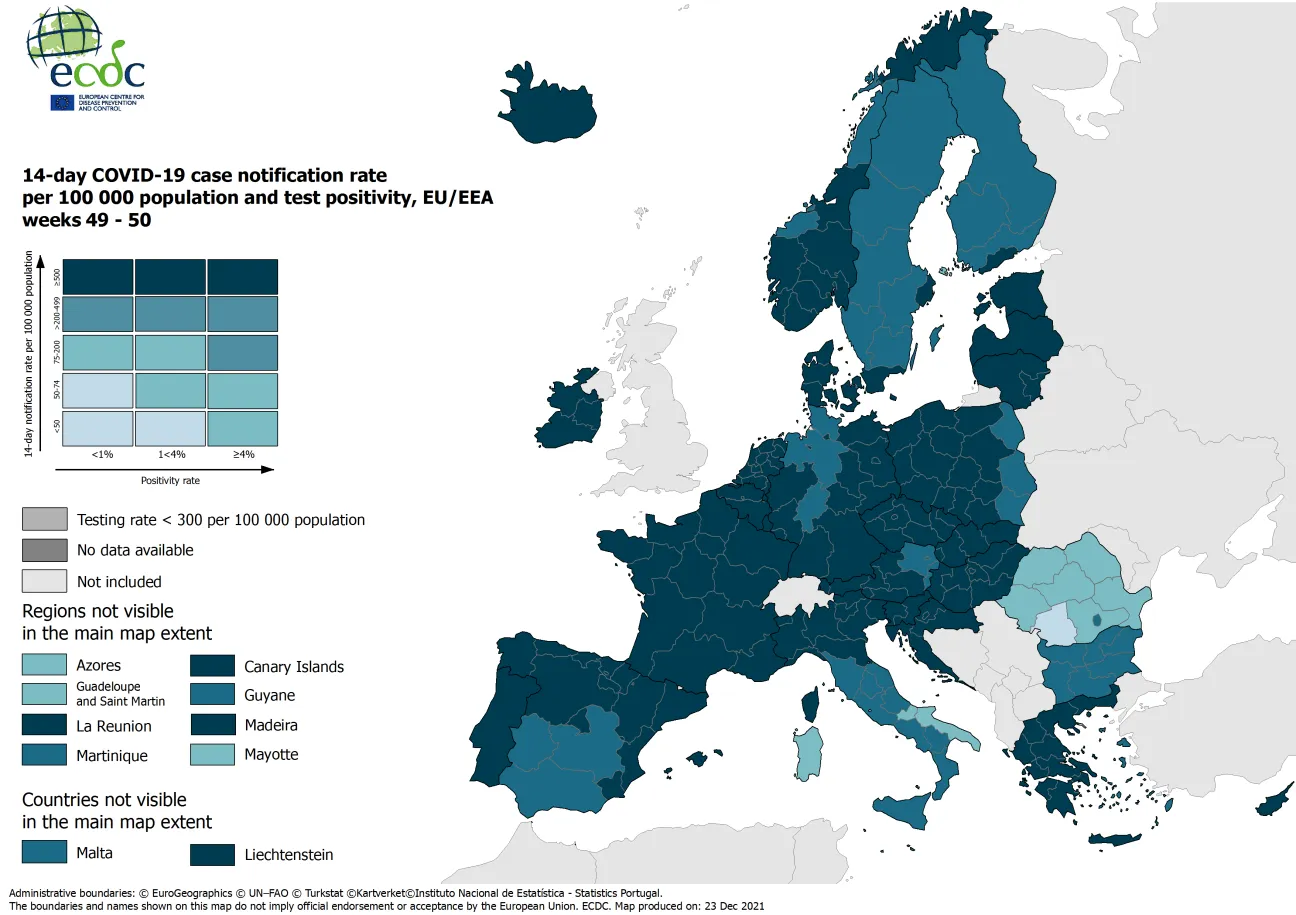 Combined indicator: 14-day notification rate, testing rate and test positivity, updated 23 December 2021 (colour-blind friendly)
