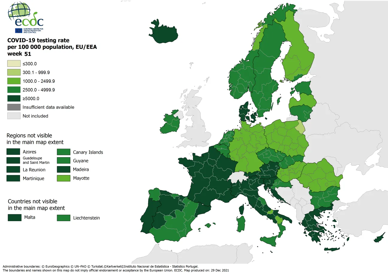 Testing rates per 100 000 inhabitants, updated 30 December 2021