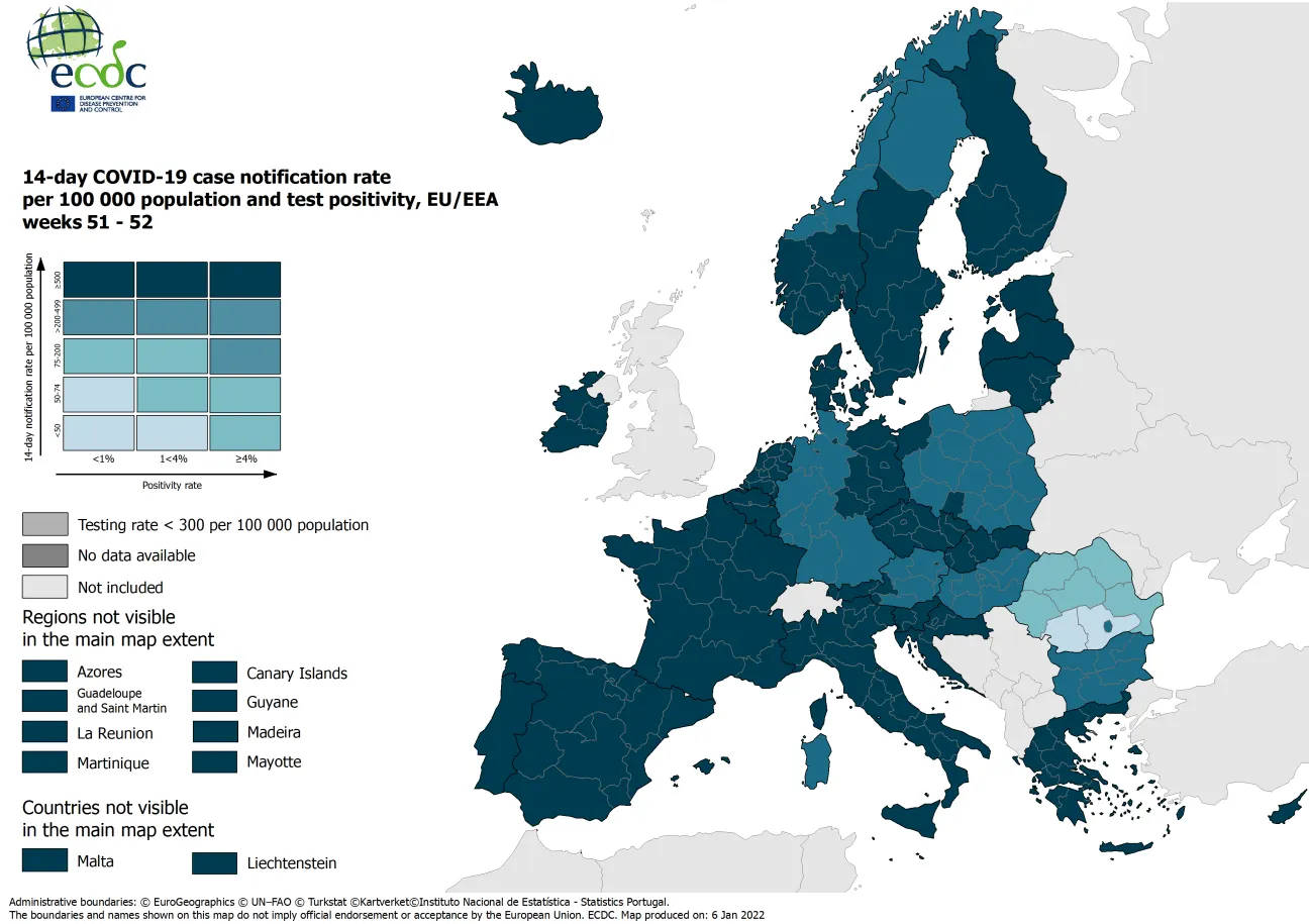 Combined indicator: 14-day notification rate, testing rate and test positivity, updated 6 January 2022 (colour-blind friendly)