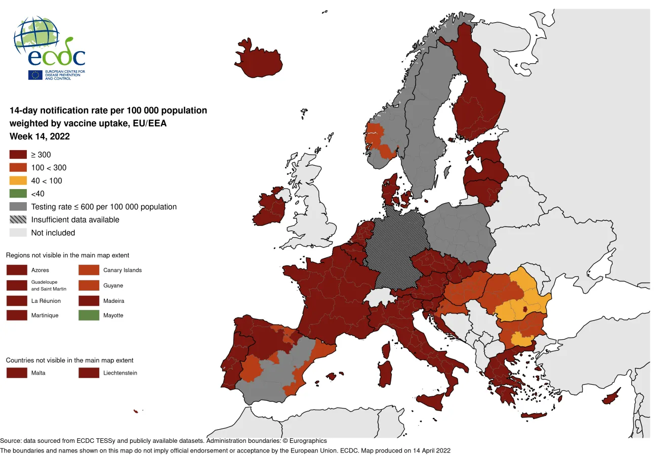 14-day notification rate weighted by vaccine uptake, updated 14 April 2022