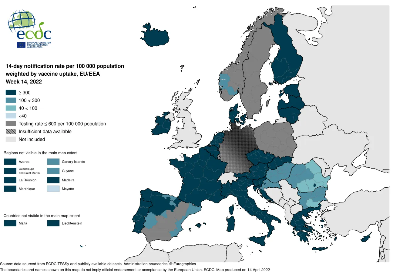 14-day notification rate weighted by vaccine uptake, updated 14 April 2022 (colour-blind friendly)