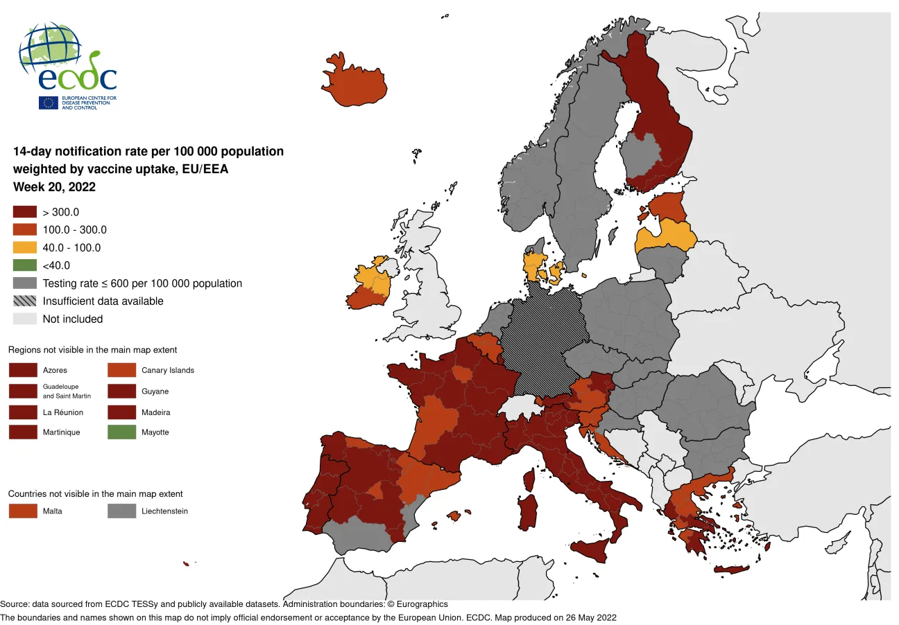 14-day notification rate weighted by vaccine uptake, updated 26 May 2022