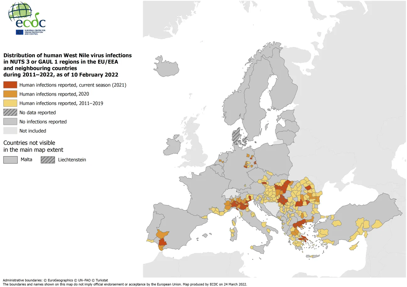 West Nile virus infections in humans, 2011-2021