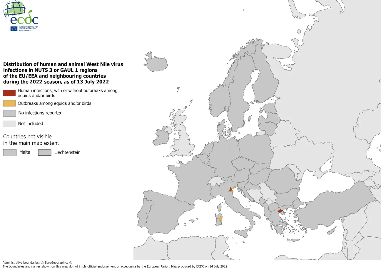 West Nile virus in Europe in 2022 - infections among humans and outbreaks among equids and/or birds, updated 14 July 2022