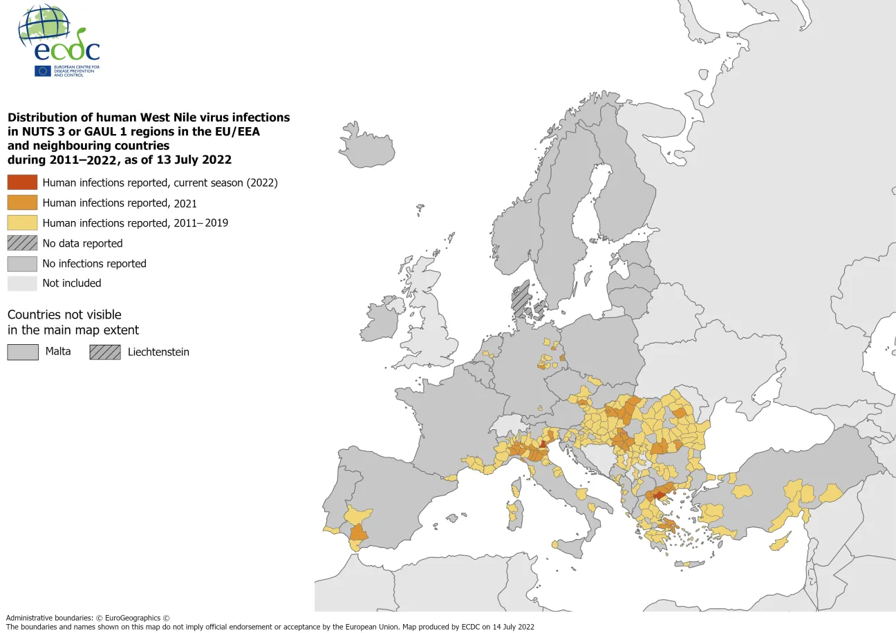 West Nile virus in Europe in 2022 - human cases compared to previous seasons, updated 14 July 2022