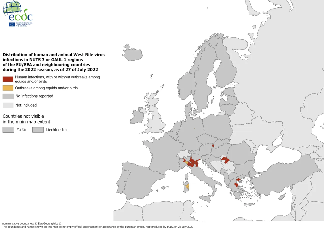 West Nile virus in Europe in 2022 - infections among humans and outbreaks among equids and/or birds, updated 27 July 2022
