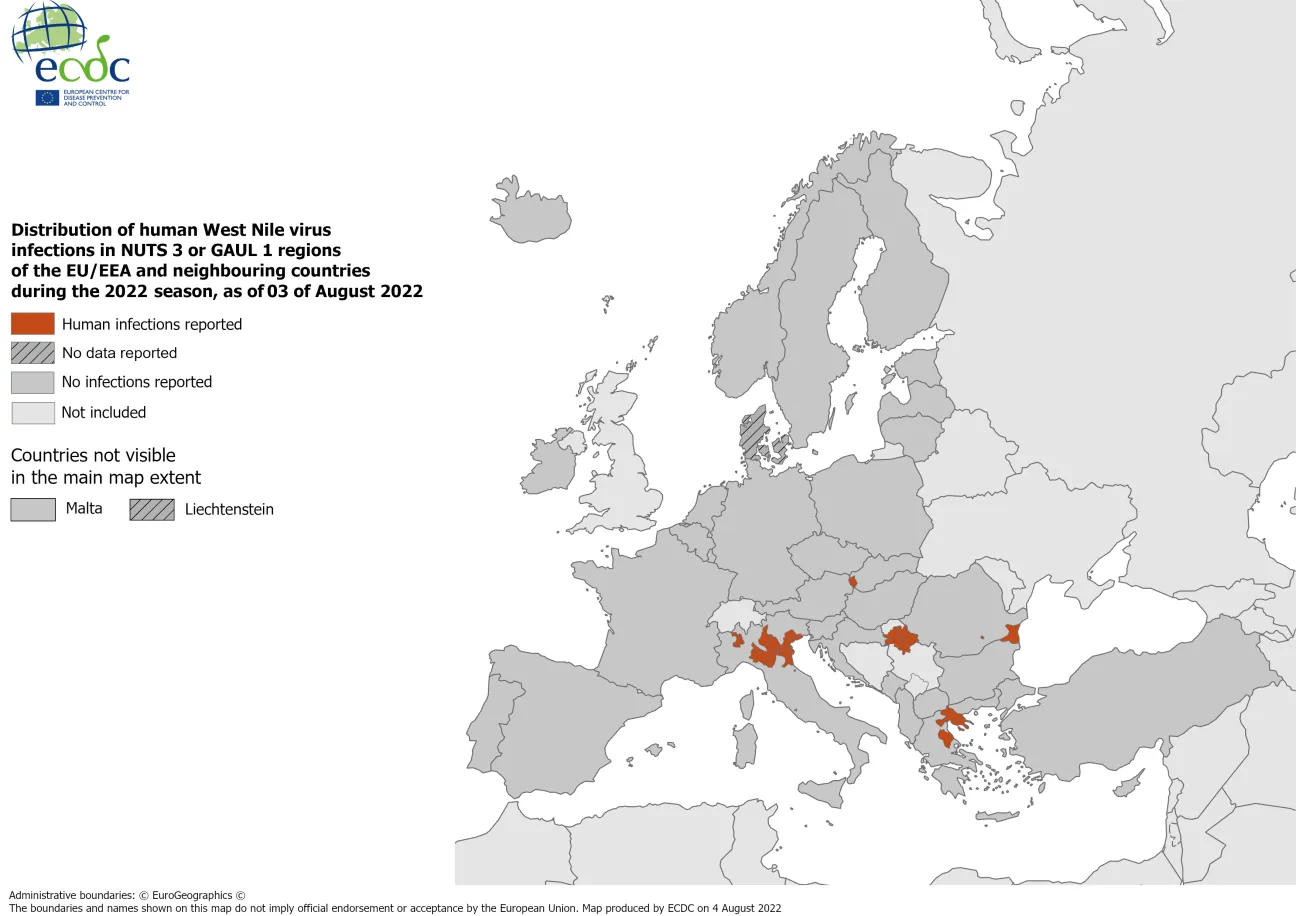 West Nile virus in Europe in 2022 - human cases, updated 3 August 2022