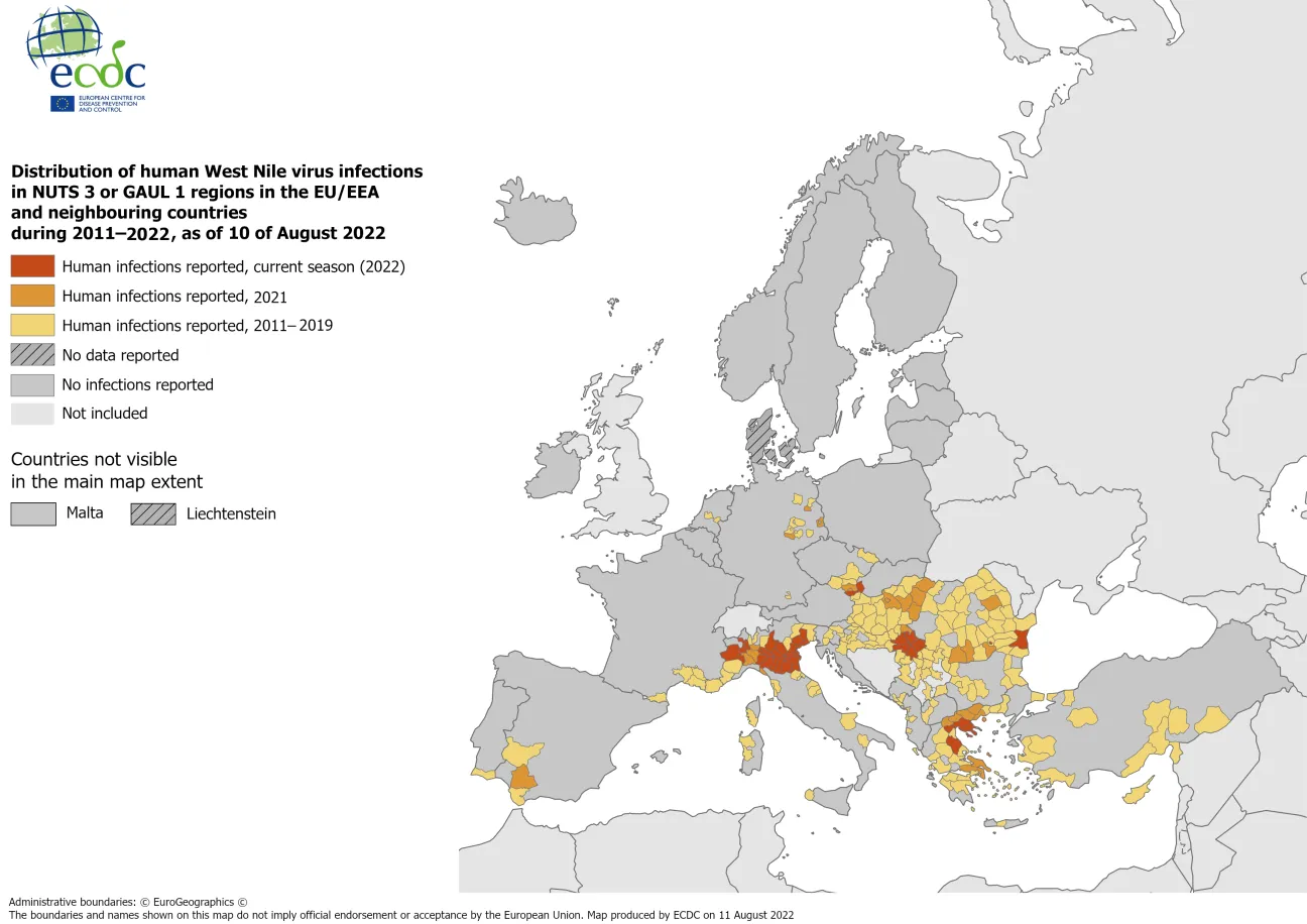 West Nile virus in Europe in 2022 - human cases compared to previous seasons, updated 10 August 2022