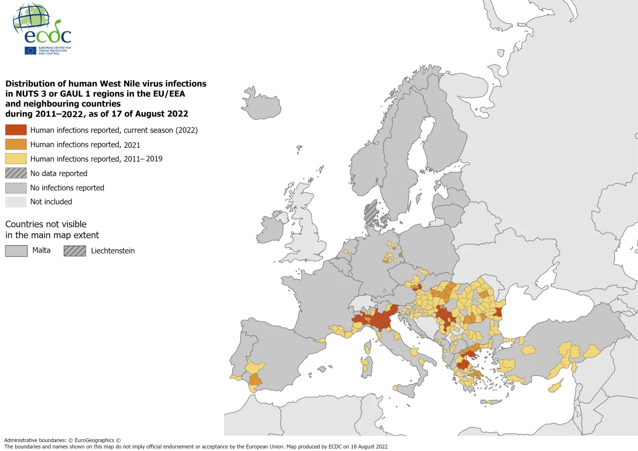 West Nile virus in Europe in 2022 - human cases compared to previous seasons, updated 17 August 2022
