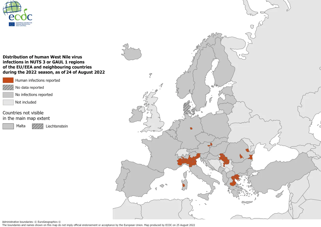 West Nile virus in Europe in 2022 - human cases, updated 24 August 2022