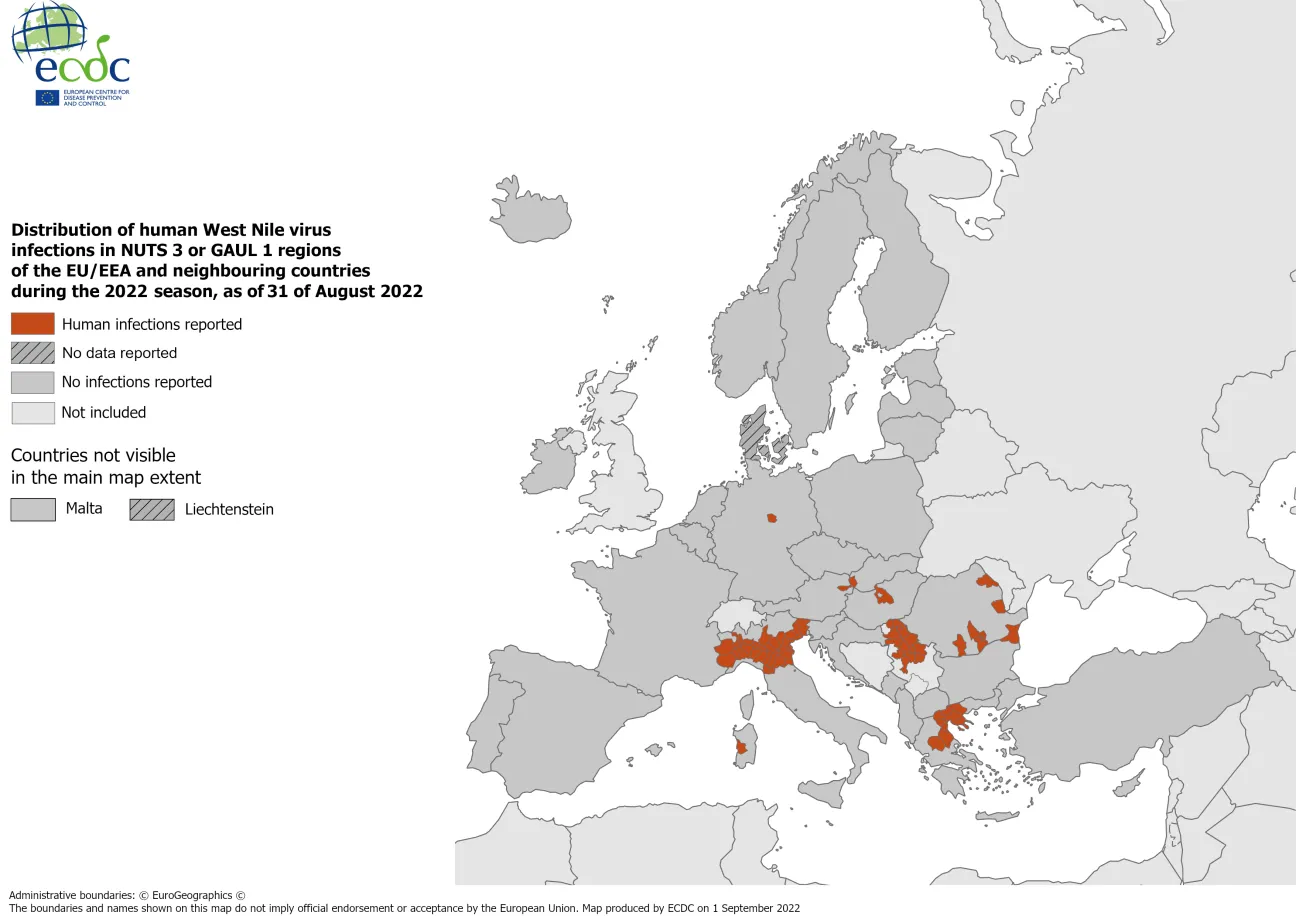 West Nile virus in Europe in 2022 - human cases, updated 31 August 2022