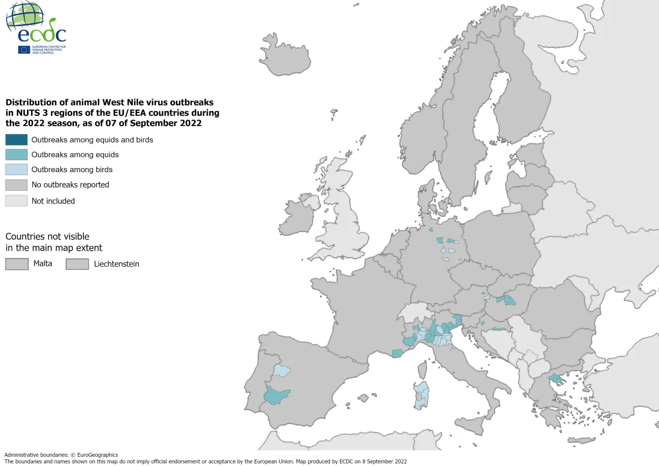 West Nile virus in Europe in 2022 - outbreaks among equids and/or birds, updated 7 September 2022