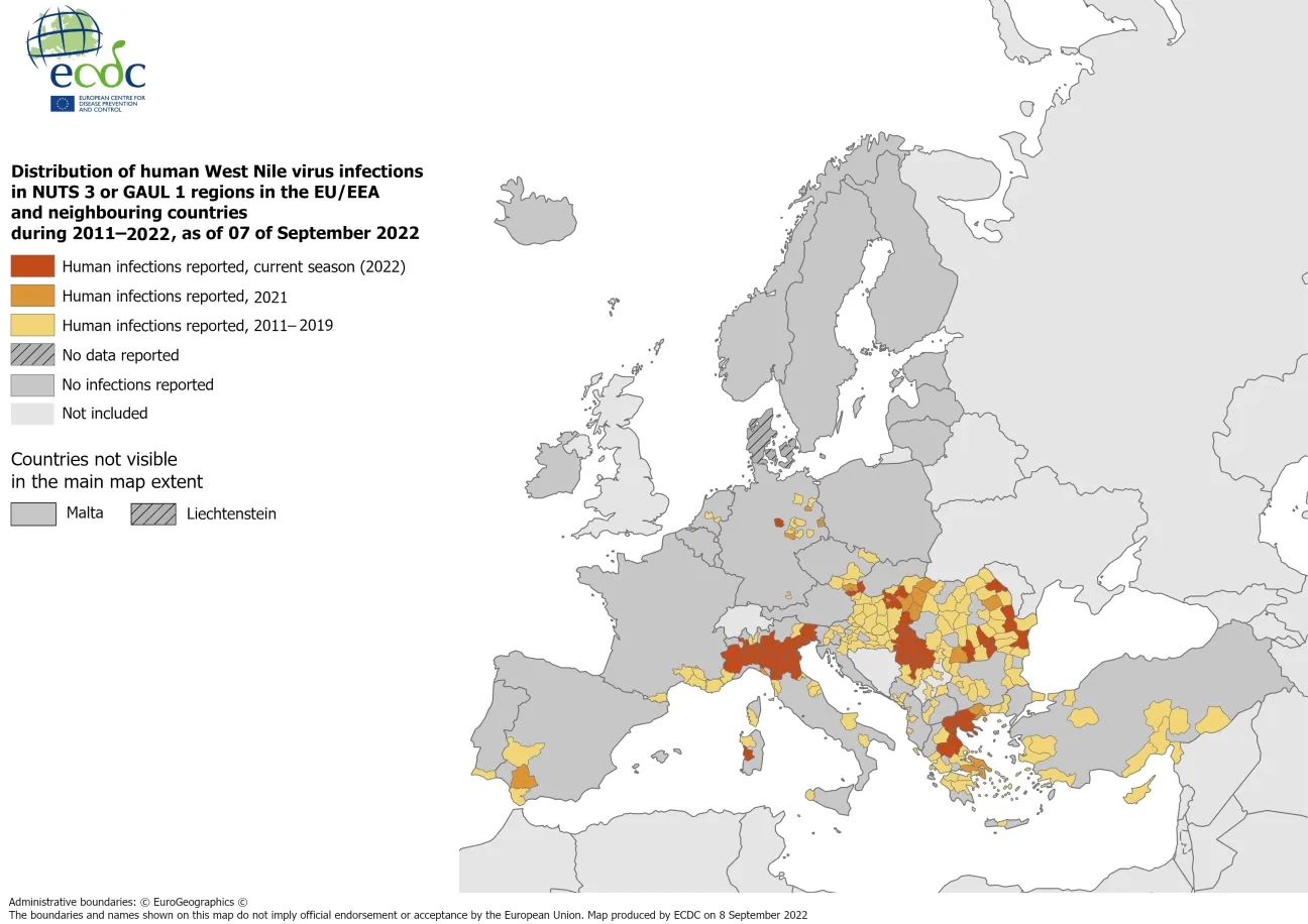 West Nile virus in Europe in 2022 - human cases compared to previous seasons, updated 7 September 2022