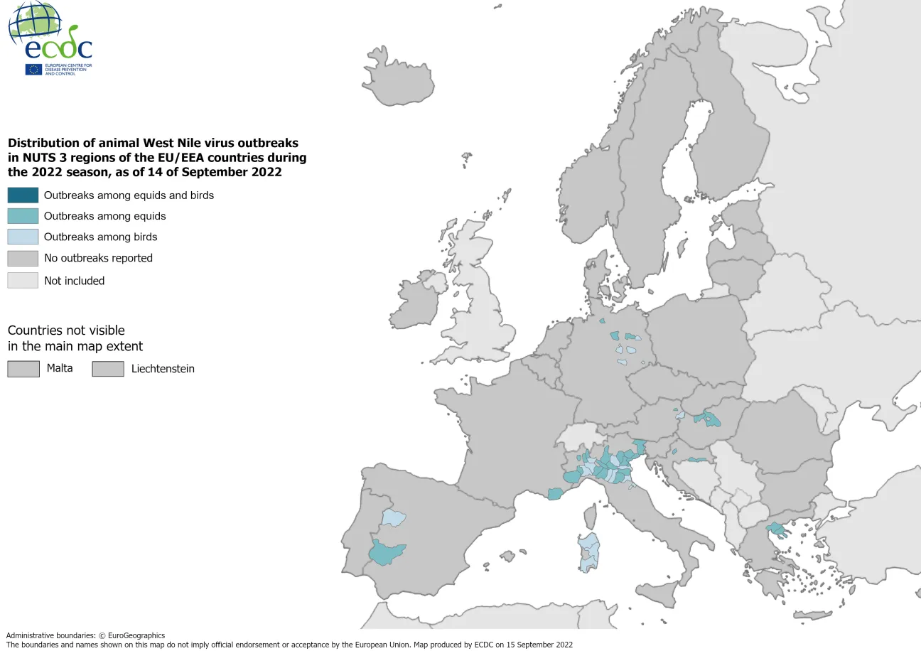 West Nile virus in Europe in 2022 - outbreaks among equids and/or birds, updated 16 September 2022