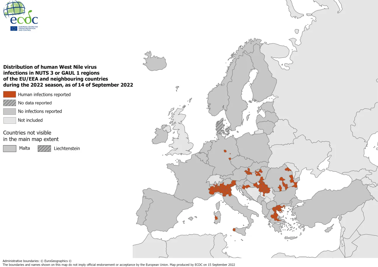 West Nile virus in Europe in 2022 - human cases, updated 16 September 2022