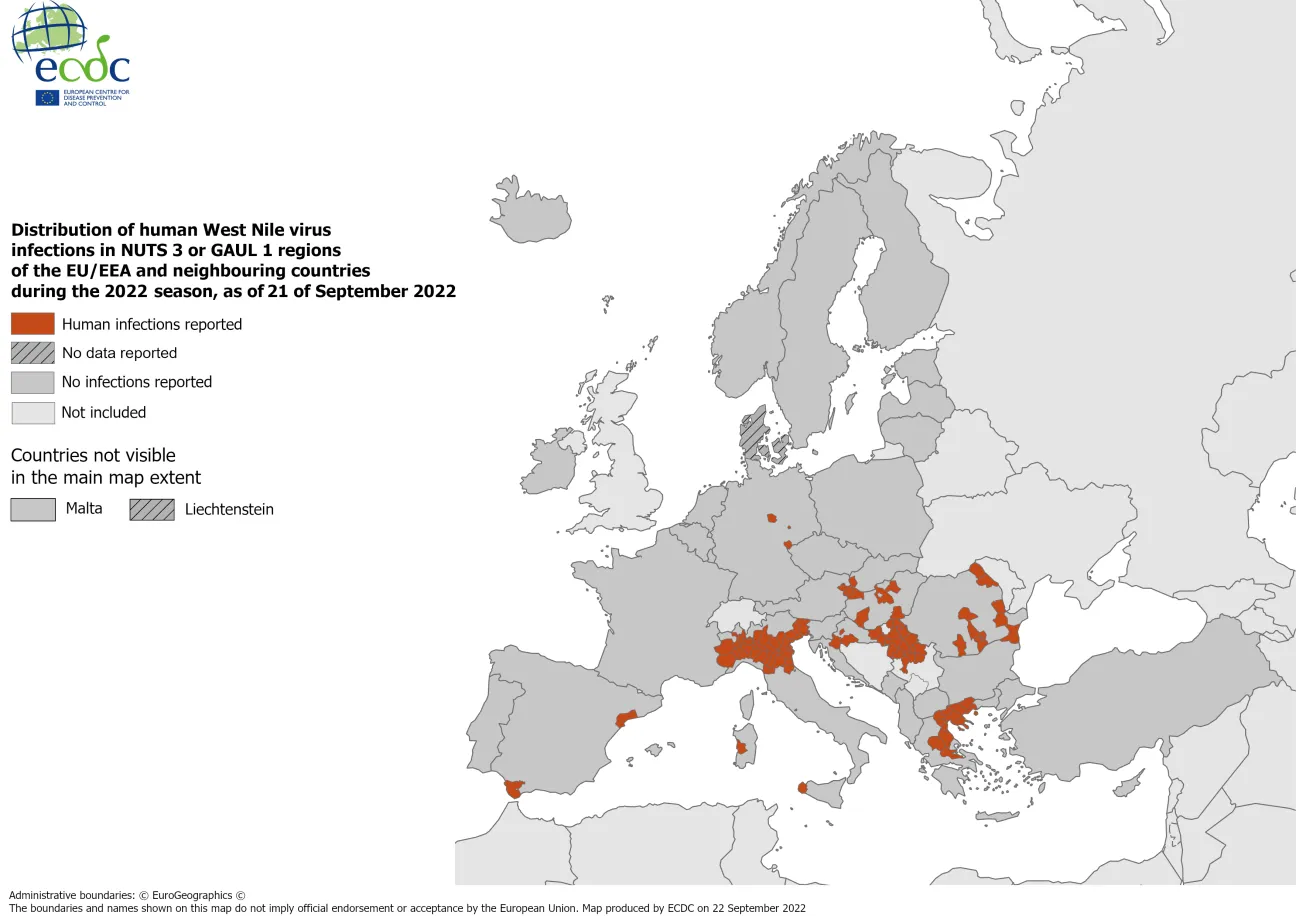 West Nile virus in Europe in 2022 - human cases, updated 22 September 2022