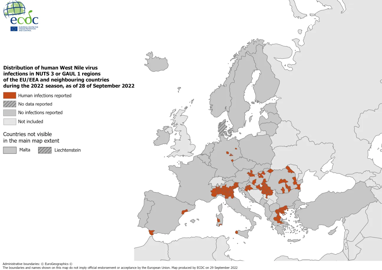 West Nile virus in Europe in 2022 - human cases, updated 28 September 2022