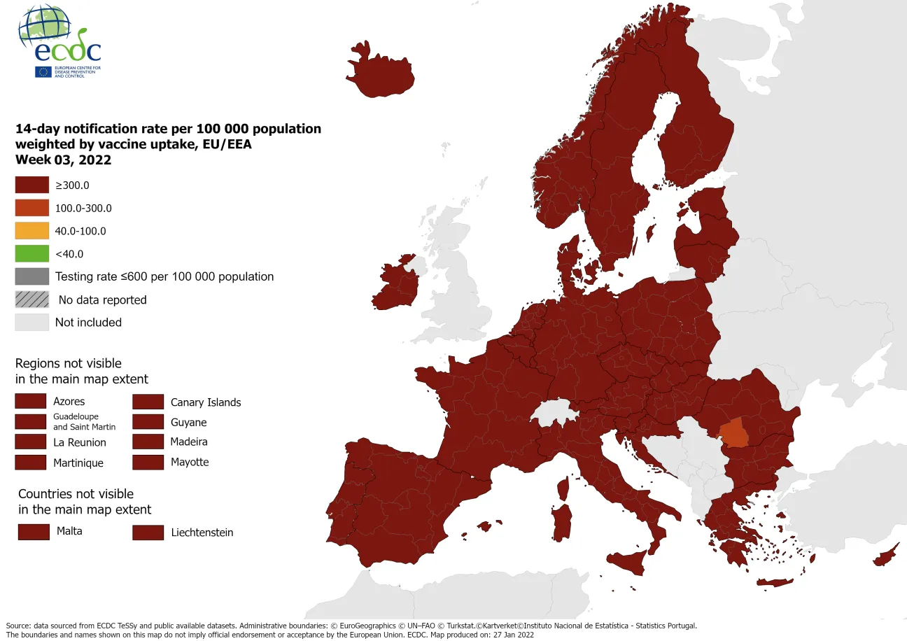 14-day notification rate weighted by vaccine uptake, updated 1 February 2022
