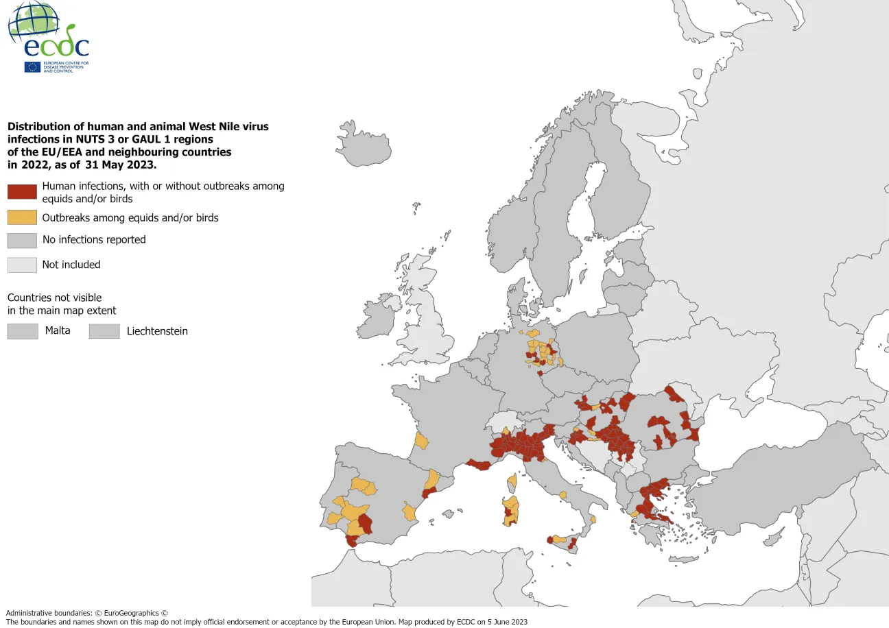West Nile virus infections among humans and outbreaks among equids and/or birds, 2022