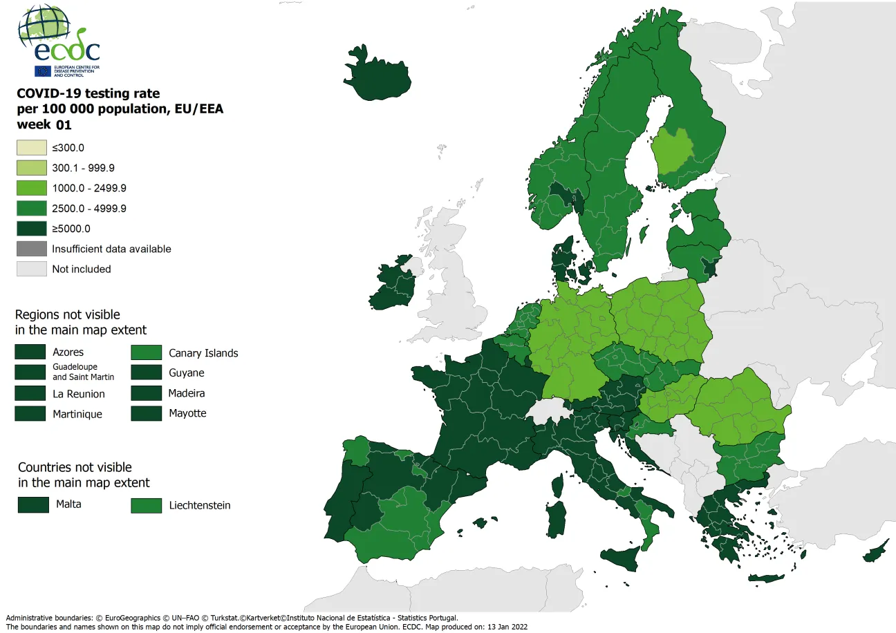 Testing rates per 100 000 inhabitants, updated 13 January 2022