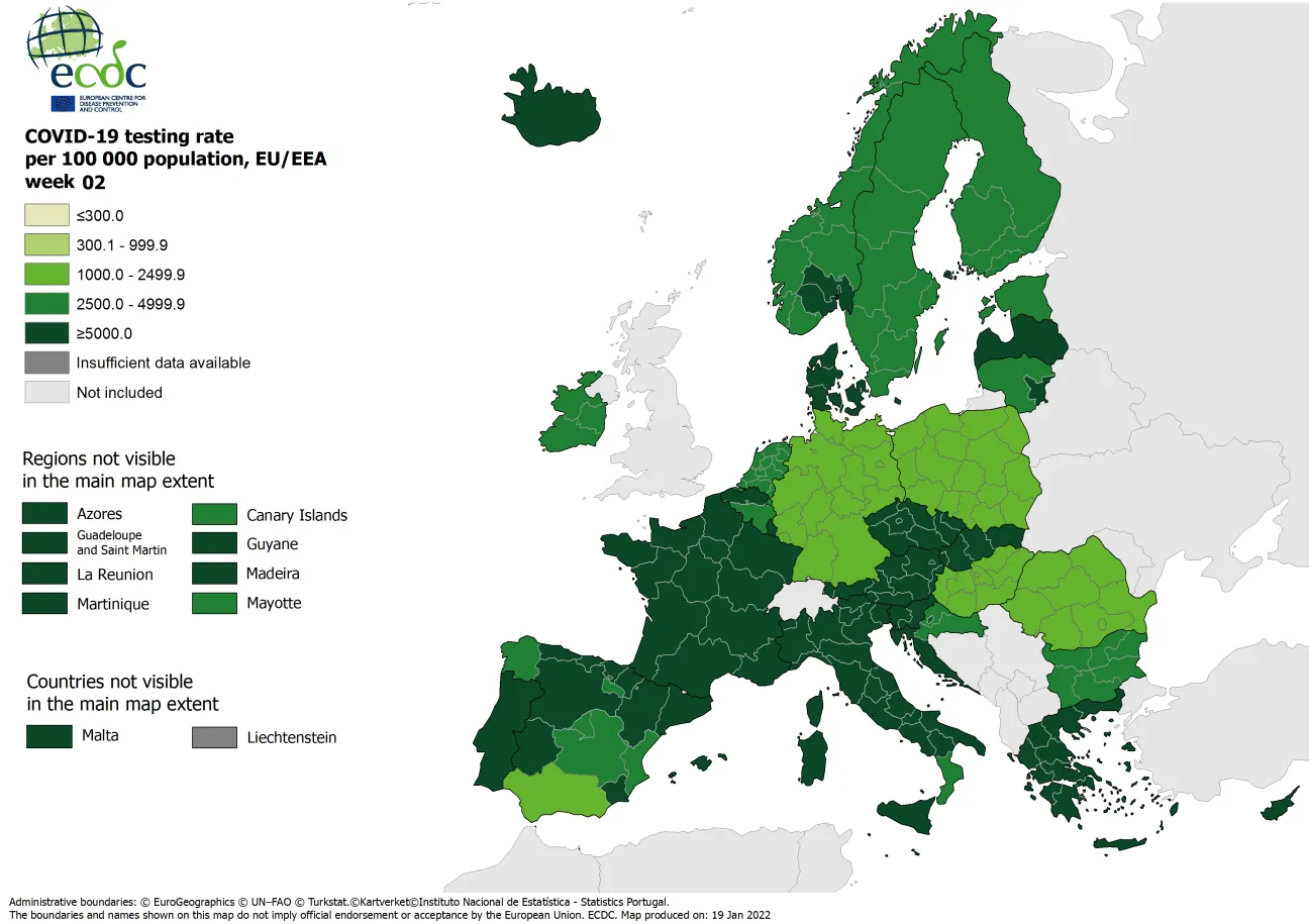 Testing rates per 100 000 inhabitants, updated 20 January 2022