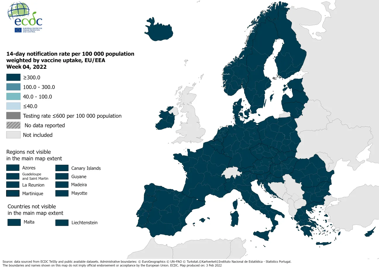14-day notification rate weighted by vaccine uptake, updated 1 February 2022 (colour-blind friendly)