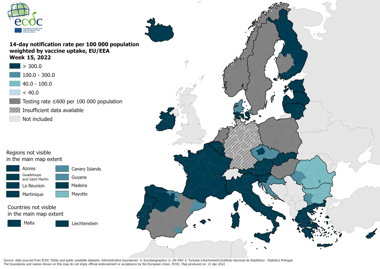 14-day notification rate weighted by vaccine uptake, updated 21 April 2022 (colour-blind friendly)