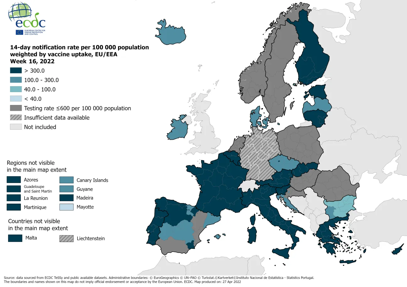 14-day notification rate weighted by vaccine uptake, updated 28 April 2022 (colour-blind friendly)