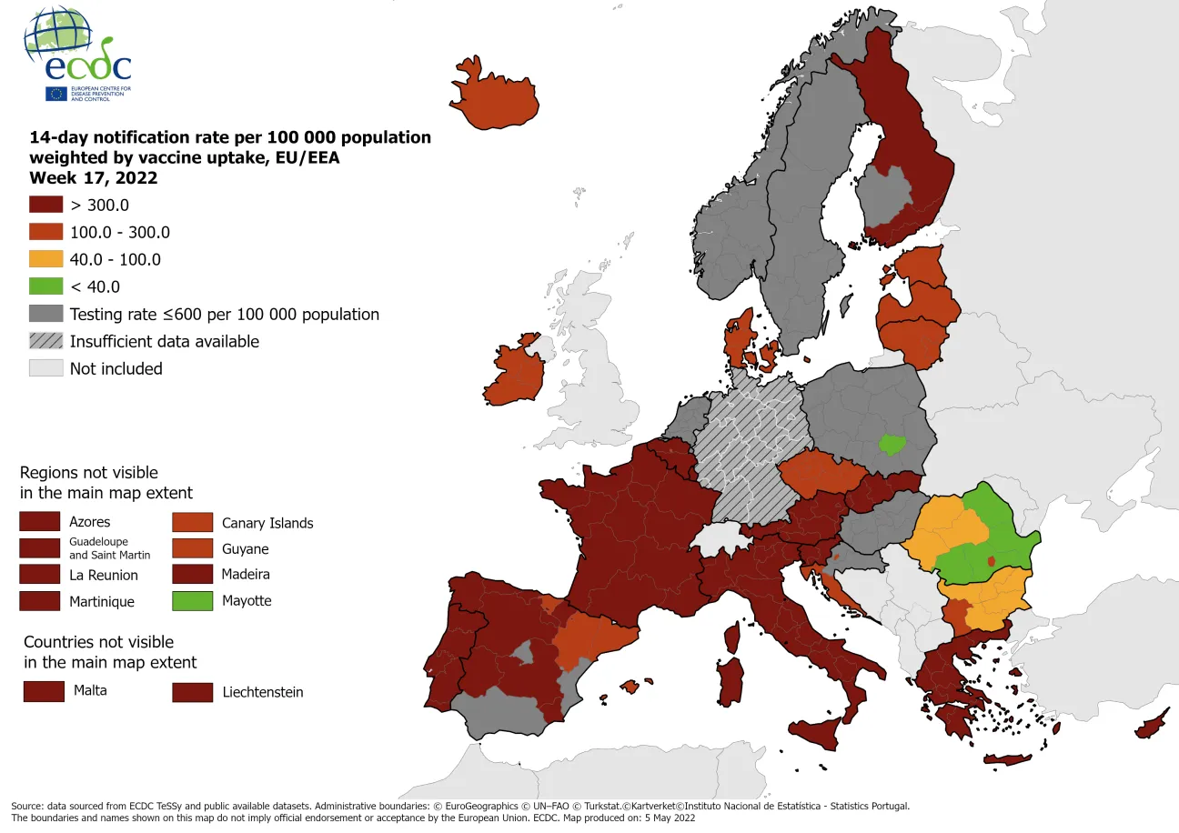 14-day notification rate weighted by vaccine uptake, updated 5 May 2022
