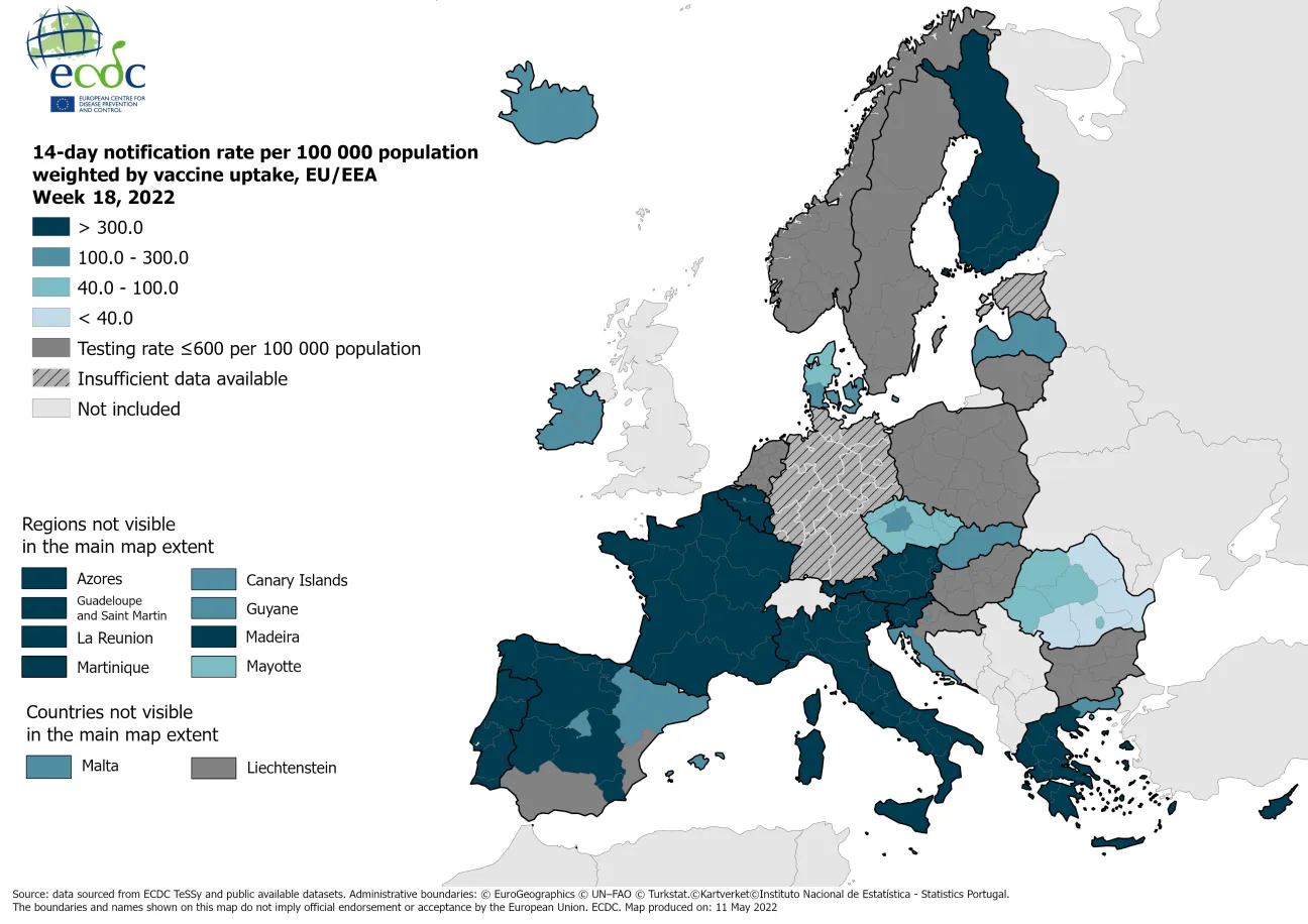 14-day notification rate weighted by vaccine uptake, updated 12 May 2022 (colour-blind friendly)