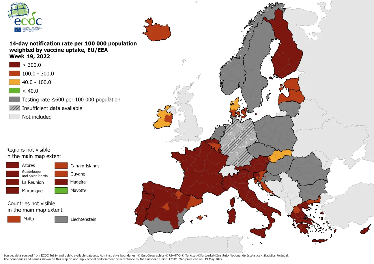 14-day notification rate weighted by vaccine uptake, updated 19 May 2022