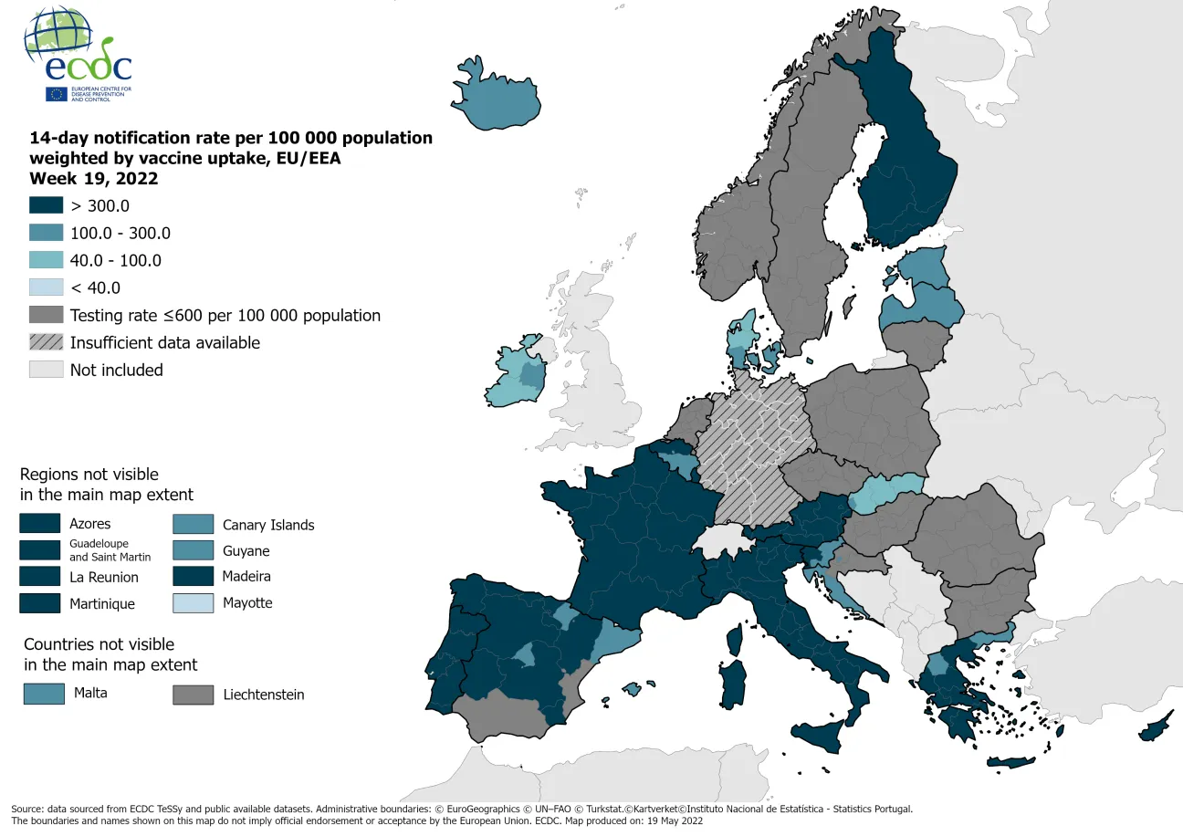 14-day notification rate weighted by vaccine uptake, updated 19 May 2022 (colour-blind friendly)