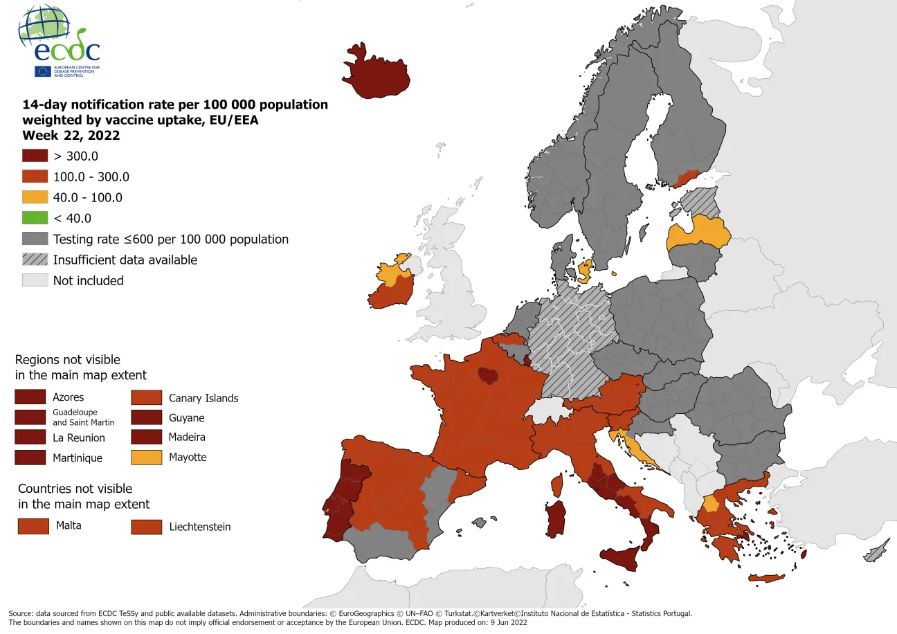 14-day notification rate weighted by vaccine uptake, updated 9 June 2022