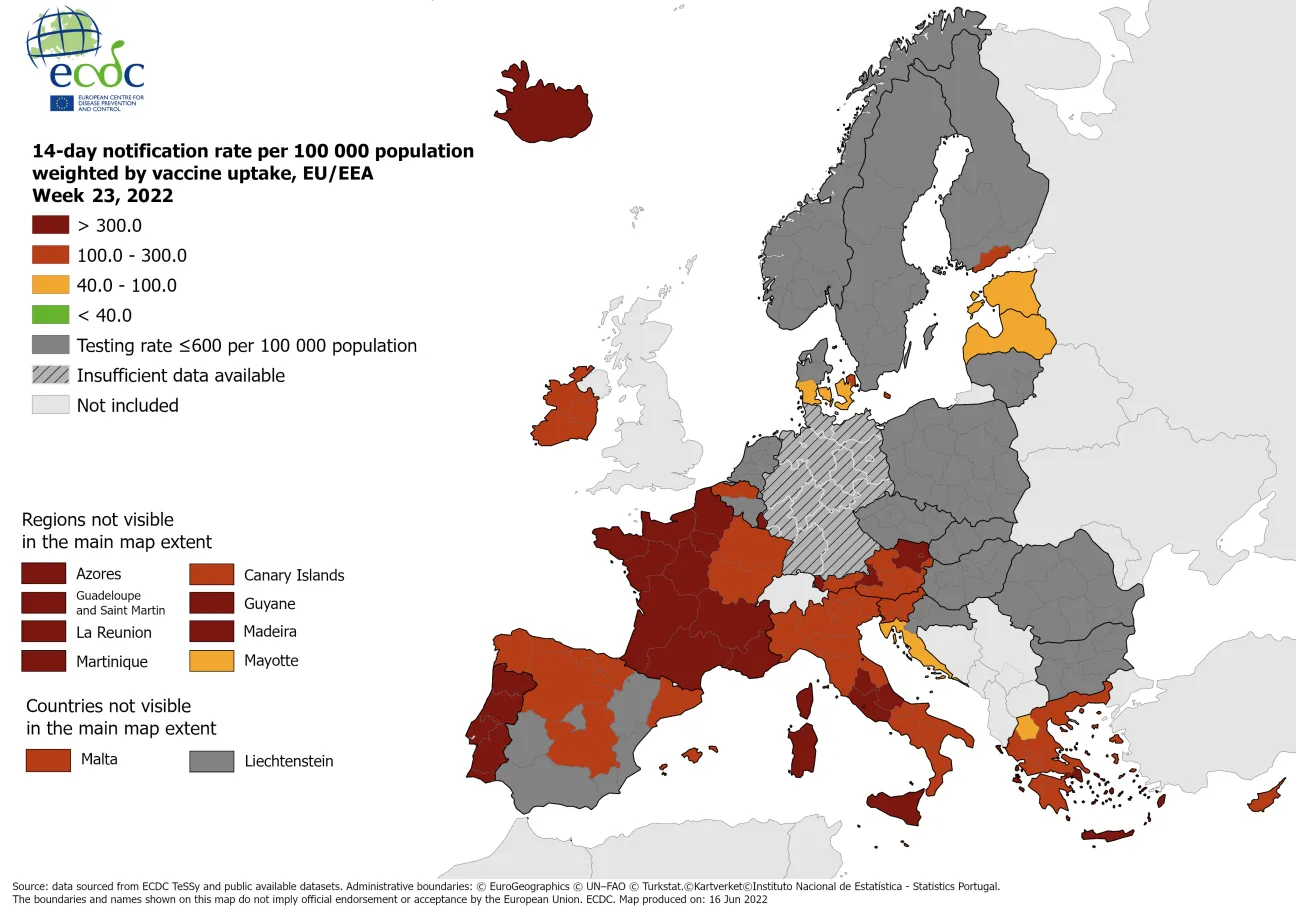 14-day notification rate weighted by vaccine uptake, updated 16 June 2022