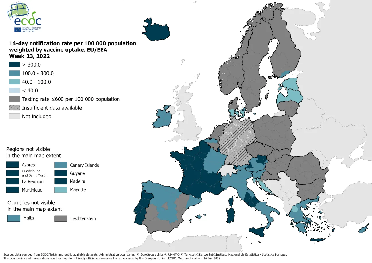 14-day notification rate weighted by vaccine uptake, updated 16 June 2022 (colour-blind friendly)