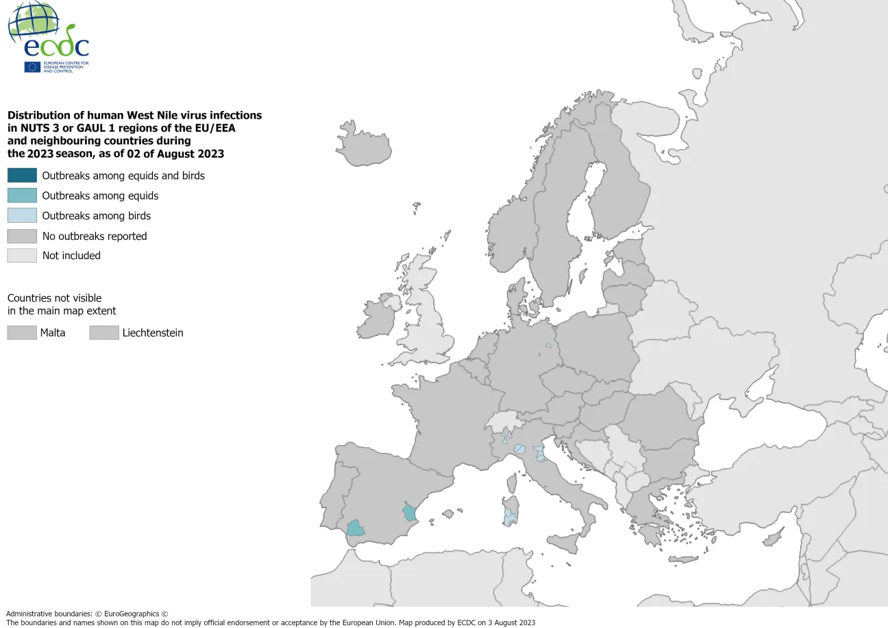 West Nile virus - outbreaks among equids and/or birds, 2 August 2023