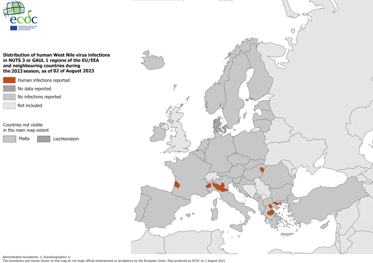 West Nile virus - human cases, 2 August 2023
